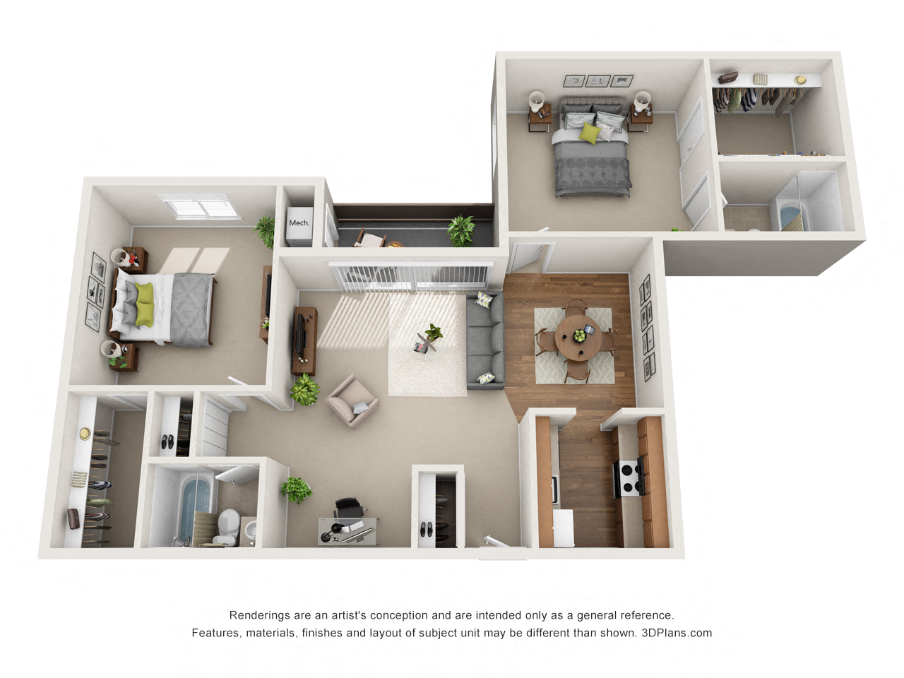 Floor plan for 2 beds, 2 baths, 1050 sqft